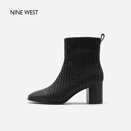 Nine West/玖熙水波棱条粗跟瘦瘦靴2023冬新款优雅肌理感拼接短靴图片