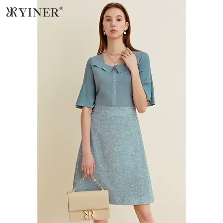 YINER音儿女装夏季时尚荷叶袖拼接连衣裙图片