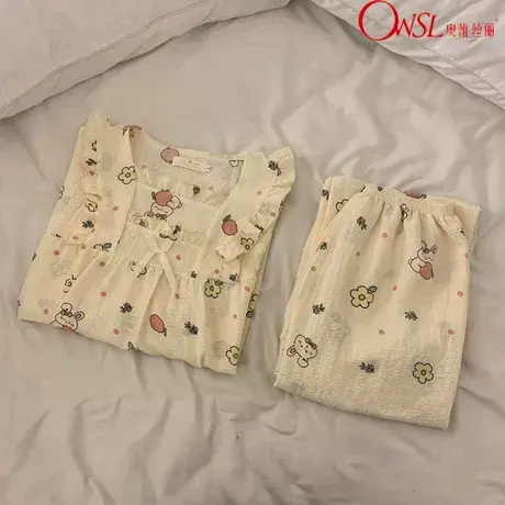 ins日系睡衣女春秋季小兔可爱清新长袖棉宫廷风家居服图片