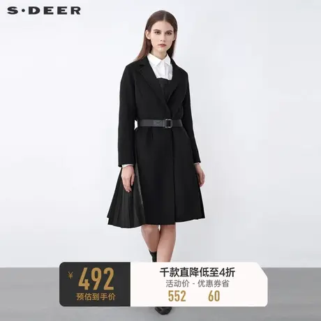 sdeer圣迪奥冬装翻领收腰百褶拼接黑色毛呢大衣S21481851图片