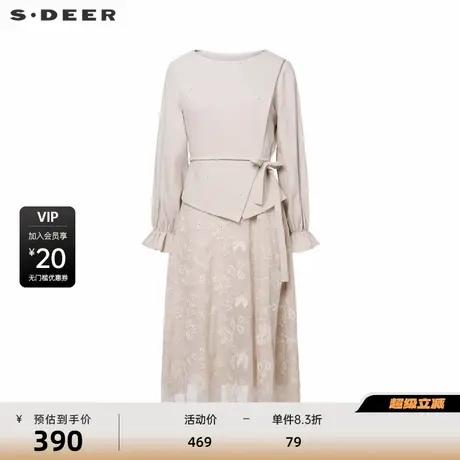 sdeer圣迪奥女装清新圆领收腰绣花假两件连衣裙S244Z1207图片