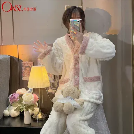 珊瑚绒冬季甜美纯色可外穿法兰绒保暖睡衣女士家居服套装图片