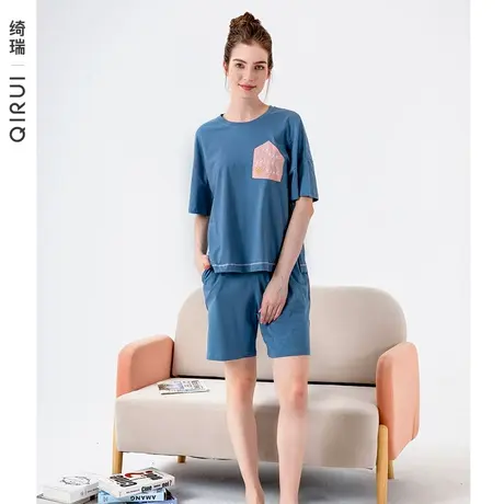绮瑞睡衣女款夏季纯棉短袖短裤夏天凉感家居服女士薄款圆领两件套图片
