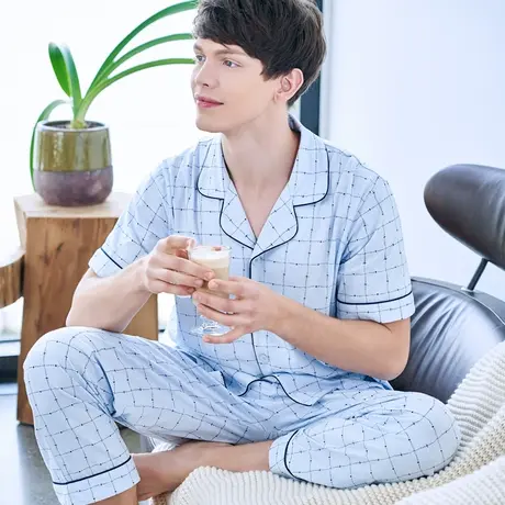 三枪家居服男春夏家居服男纯棉翻领开襟柔软宽松透气家居套80781图片