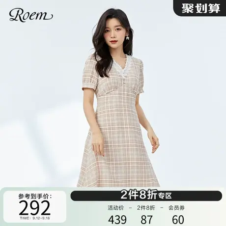 Roem格子泡泡袖商场同款春夏新品法式复古格纹公主甜美茶歇连衣裙图片
