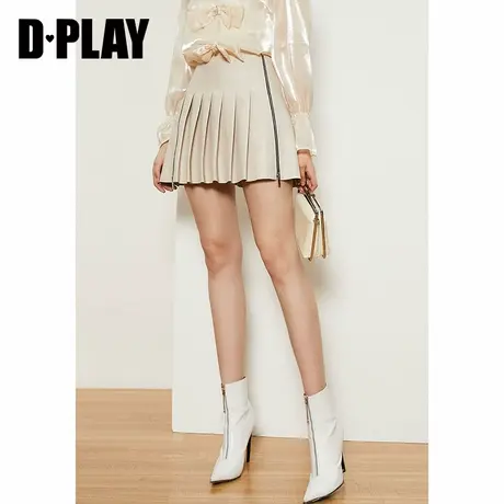 DPLAY德帕拉秋季新款杏色高腰百褶拉链装饰半身裙小个子短裙图片