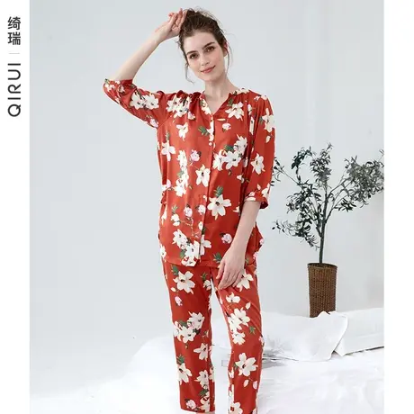 绮瑞妈妈睡衣夏季半袖长裤丝绸凉感女士家居服套装优雅中国风大码图片
