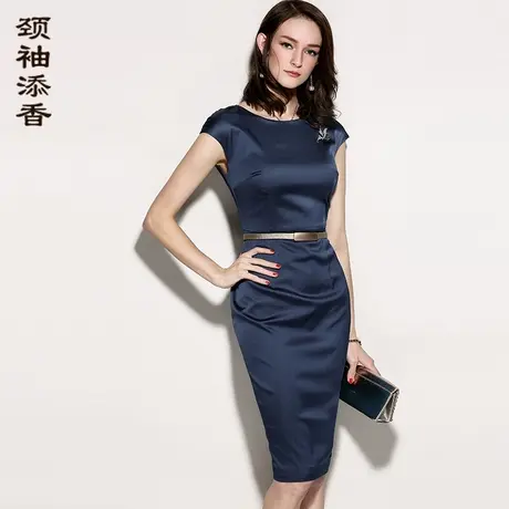 颈袖添香蓝色连衣裙女气质职业醋酸缎面时尚修身包臀显瘦高级精致图片
