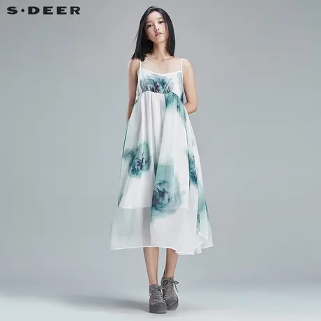 s.deer【新品】圣迪奥清冷色调氤氲印花韩式吊带连衣裙S16281290图片