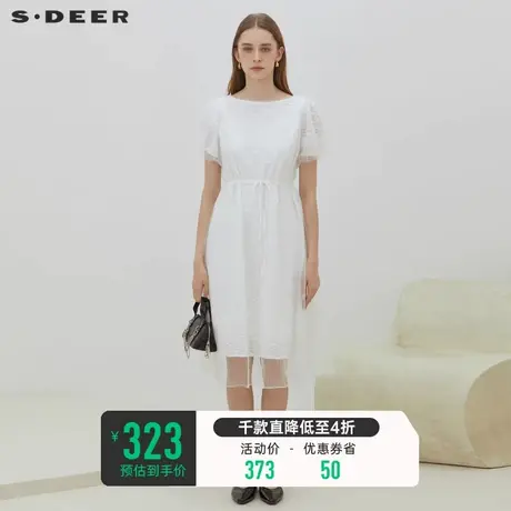 sdeer圣迪奥女装夏装圆领收腰网纱泡泡袖白色连衣裙S223Z1297图片