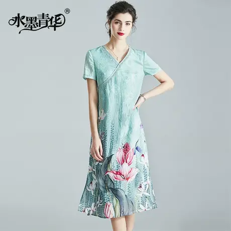 水墨青华夏装新品优雅百搭宽松连衣裙时尚提花中长短袖大摆裙图片
