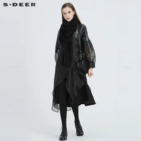 sdeer圣迪奥春秋个性小众漆皮圆领网纱拼接女连衣裙潮酷S20381212图片
