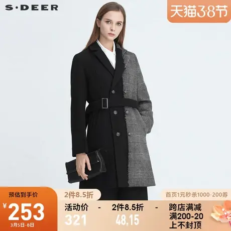 sdeer圣迪奥冬季复古个性平驳领格纹拼接收腰毛呢大衣女S20481704图片