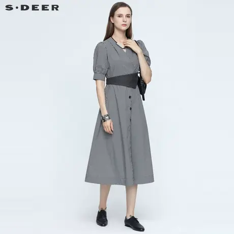 sdeer圣迪奥夏装优雅V领收腰单排扣条纹裙子通勤连衣裙S21261295图片
