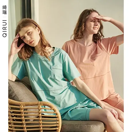 绮瑞睡衣女款夏季纯棉短袖短裤圆领薄款女士夏天家居服套装可外穿图片