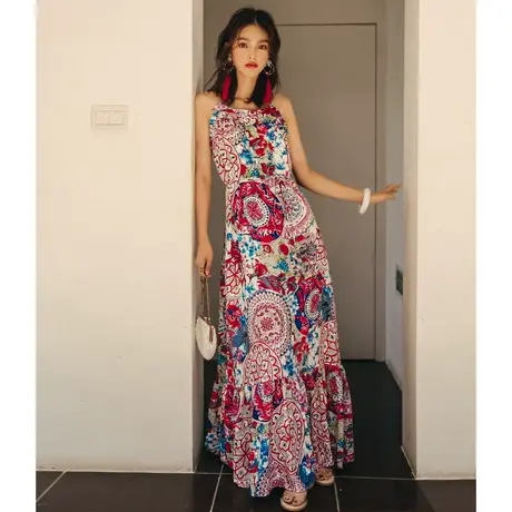弥古民族风连衣裙女夏季雪纺波西米亚吊带长裙三亚海边度假沙滩裙图片