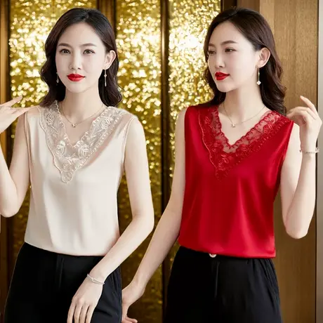 黑色真丝吊带背心女西装内搭V领蕾丝小衫女夏性感外穿潮打底衫图片