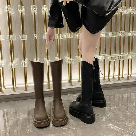 厚底长筒靴女2023春秋新款英伦风复古法式瘦瘦靴粗跟小个子骑士靴商品大图
