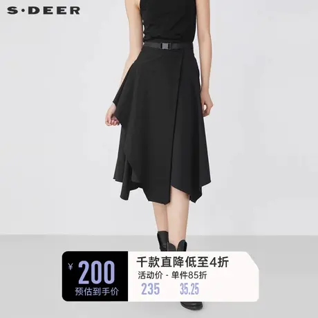sdeer圣迪奥冬装腰带拼接不规则黑色A字长裙女S21461114图片