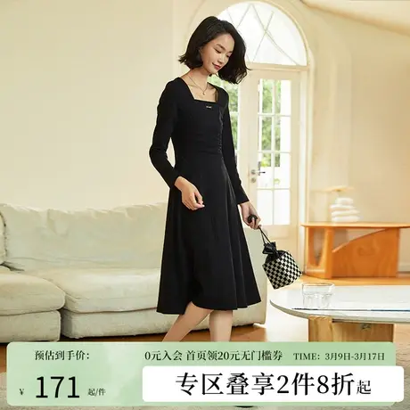 阿依莲法式赫本风长袖收腰连衣裙春季2024女装黑色过膝显瘦小黑裙图片