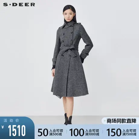 sdeer圣迪奥2021冬新品翻领条纹双排扣收腰长款毛呢大衣S21481838图片