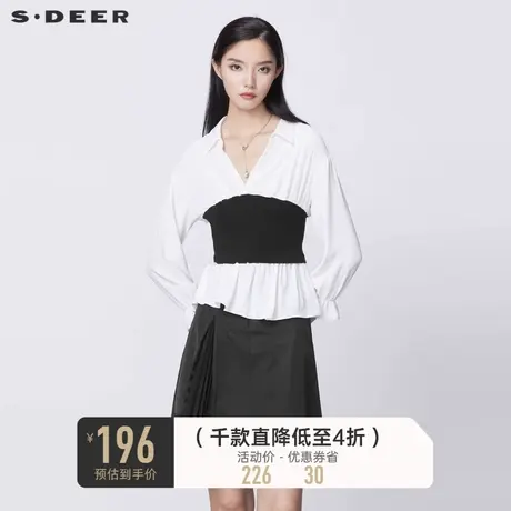 【商场同款】sdeer圣迪奥V领撞色针织拼接雪纺衬衫S21380531商品大图