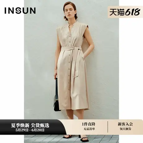 INSUN恩裳亚麻冰丝褶裥系带衬衫式连衣裙图片