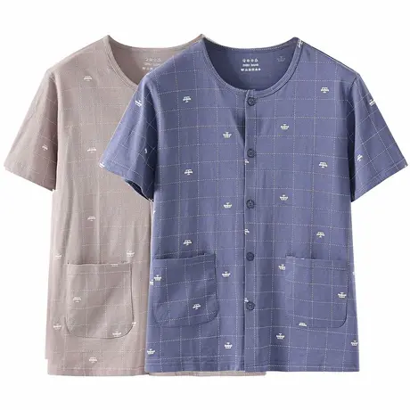 夏季纯棉薄款短袖开衫男士睡衣爸爸家居服上衣系扣大码爷爷空调服图片