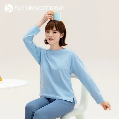 秋鹿【云感软糯棉】纯棉女生睡衣长袖纯色圆领家居服女春秋可外穿图片