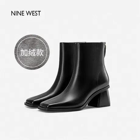 Nine West/玖熙方头粗跟后拉链时装靴冬季新品加绒通勤高跟鞋保暖商品大图