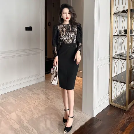 轻熟风蕾丝连衣裙女2024秋季新款高级感收腰显瘦气质包臀中长款裙图片