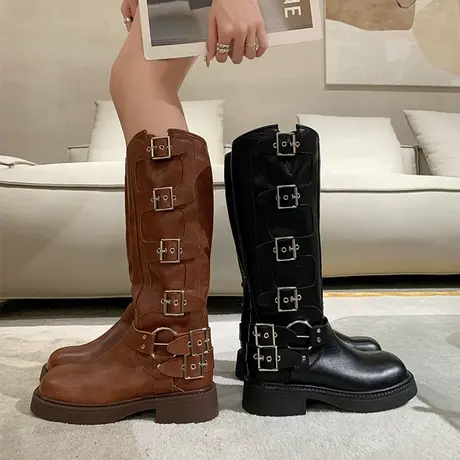 不过膝长筒靴女小个子棕色复古长靴皮带扣厚底西部牛仔高筒骑士靴商品大图