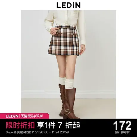 乐町学院风半身裙2023年秋季新品咖色格纹短裙女装简约时尚方块裙图片