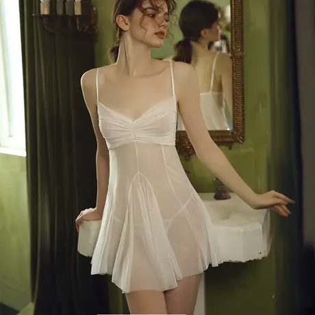 白色性 感睡衣女夏小心机透明透光衣服性感情调诱惑吊带小胸睡裙图片