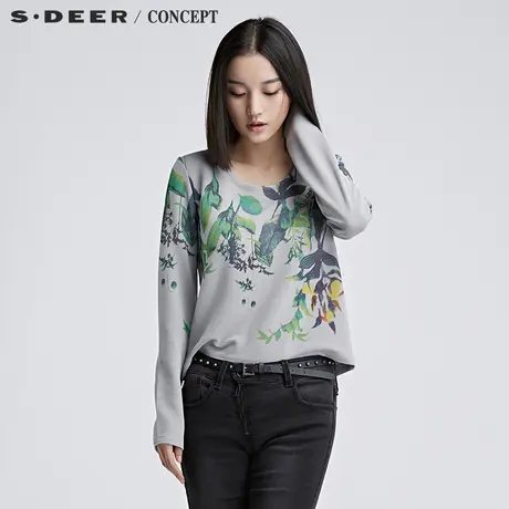 sdeer圣迪奥女装2017冬细腻笔触勾勒草木印花T恤S16480259图片
