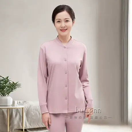 全棉前开扣秋衣单件上衣女小立领护颈中老年长袖打底衫商品大图
