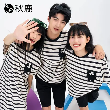 秋鹿凉感纯棉情侣睡衣2025夏季新款男女条纹短袖睡裙/家居服套装图片