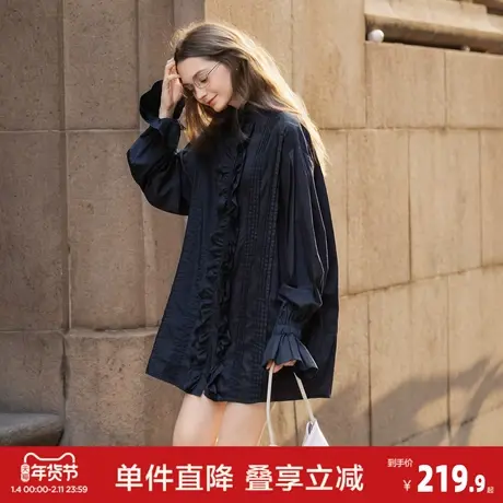【关晓彤同款】唐狮2025春季舒适精致女木耳花边长袖短款连衣裙图片