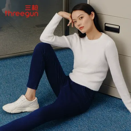 三枪加绒加厚牛仔裤女冬季弹力紧身显瘦双层保暖九分裤小脚裤靴裤商品大图