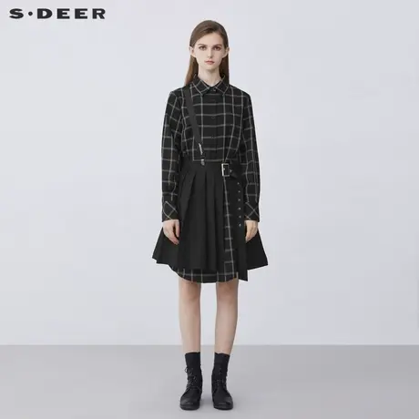 sdeer圣迪奥学院风格纹百褶衬衫长袖连衣裙秋款S21381223图片