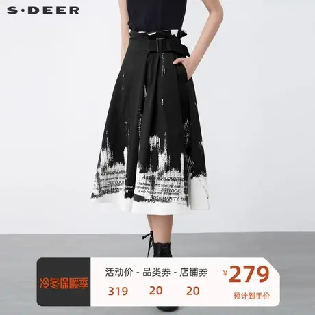 sdeer圣迪奥女装时尚抽褶拼接字母印花不规则A字长裙S21481103图片