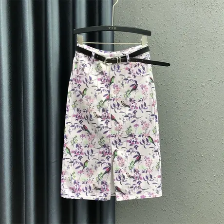 中国风气质中长款包臀裙女开叉夏季新款紫色水墨画高腰牛仔半身裙图片
