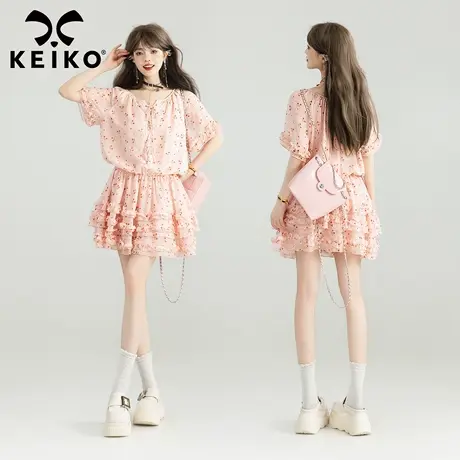 KEIKO 甜美法式樱桃小碎花雪纺连衣裙25夏季立体感压褶蓬蓬短裙子图片