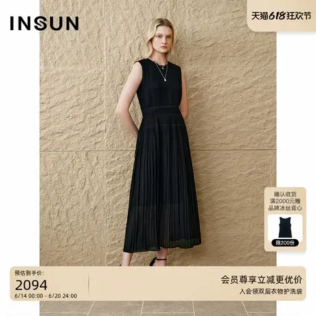 INSUN恩裳2025夏季极简压褶长款无袖连衣裙图片