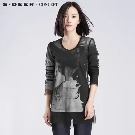 sdeer圣迪奥2018秋两件套上衣女装墨晕染印花长袖t恤S16380221商品大图