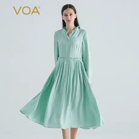 VOA花纹提花桑蚕丝湖绿色V领衬衫长袖褶皱宽松中腰淑女真丝连衣裙图片