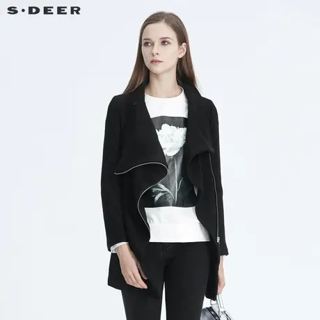 sdeer圣迪奥时尚堆堆领解构拼接字母长袖短款毛呢外套女S194A1721图片