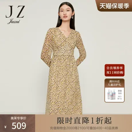 JZ玖姿法式浪漫碎花连衣裙女装2022秋季新款气质桃心领雪纺裙子薄图片