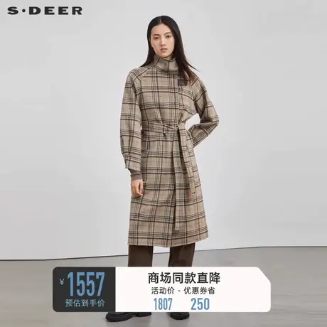 sdeer圣迪奥女装复古立领格纹收腰毛呢大衣S22482502图片