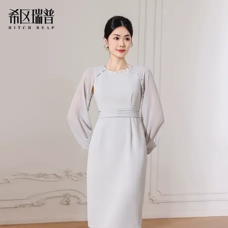 希区瑞普2025夏季新款时尚设计感拼接网纱袖钉珠修身显瘦连衣裙图片